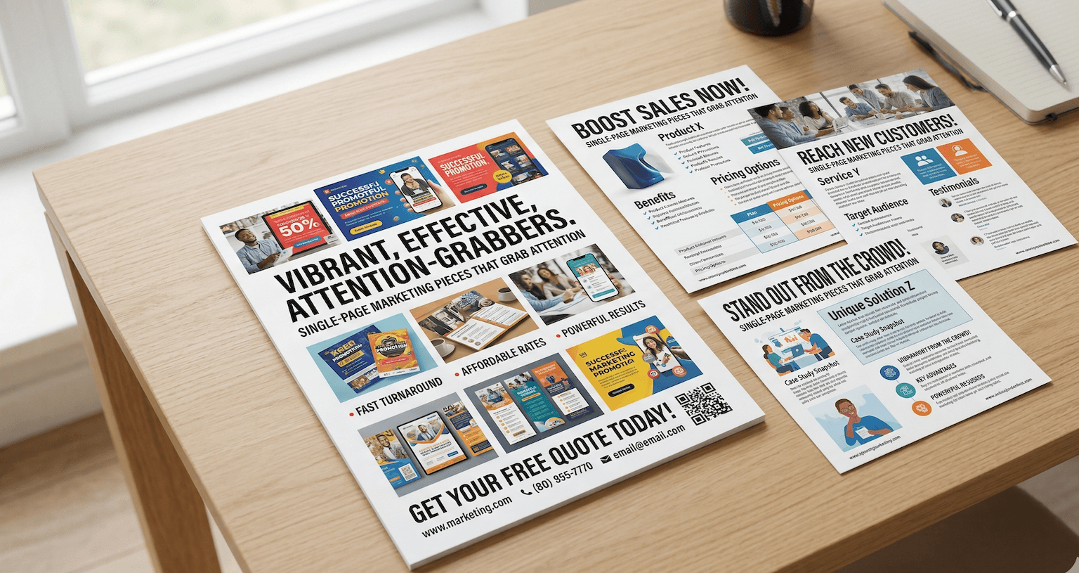 Printed flyers and sell sheets arranged in a colorful layout
