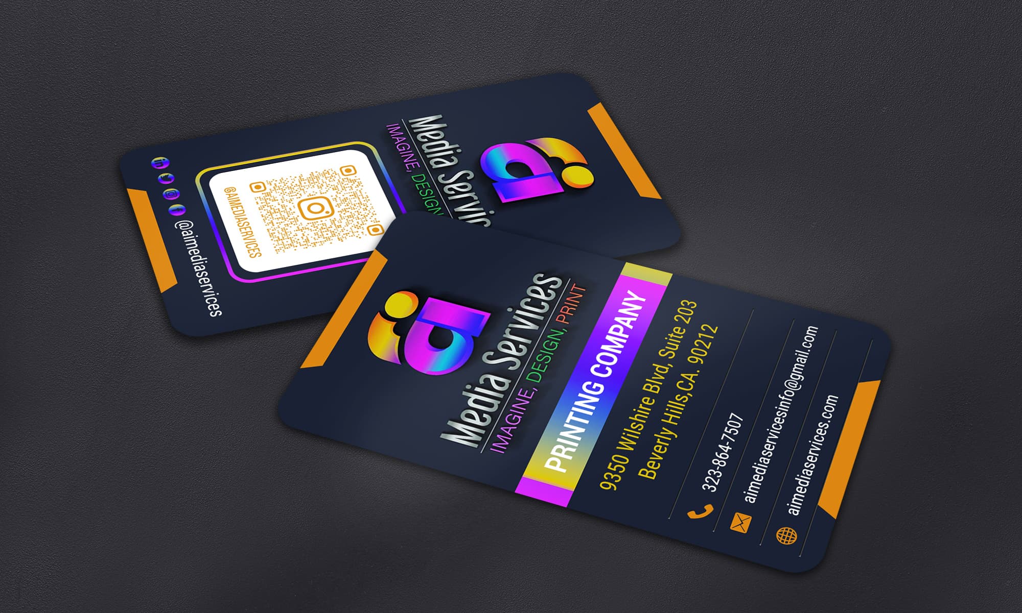 Dark vertical business card with rounded corners and a full-bleed design