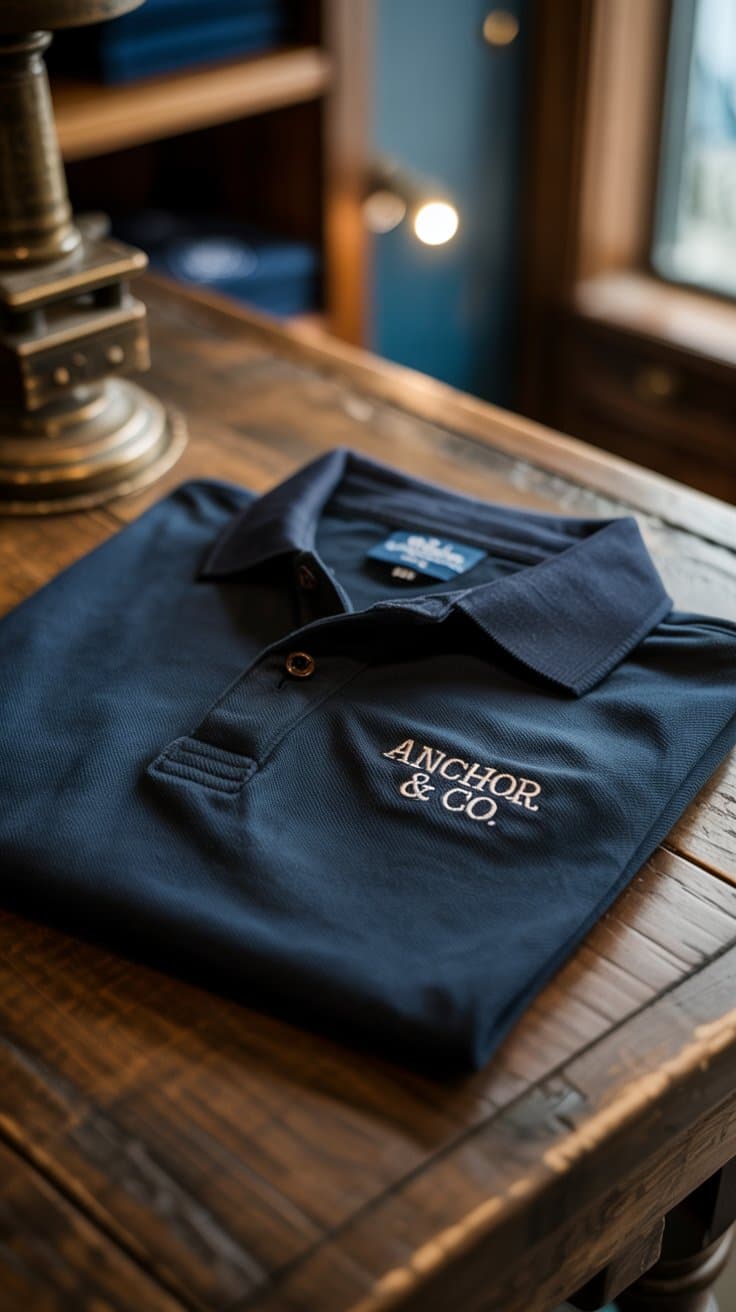 Navy polo shirt with custom embroidered branding
