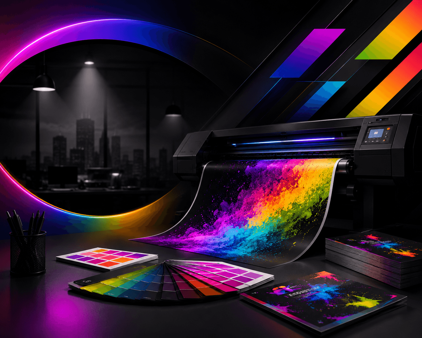 AI Media Services printing studio with a large-format printer and finished branded materials