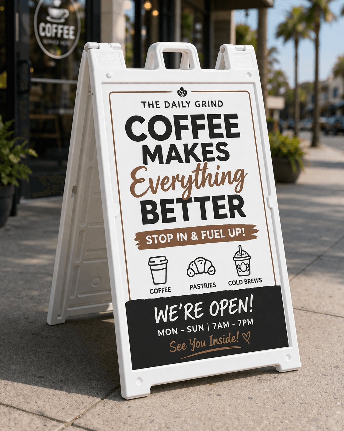 Portable A-frame sidewalk sign for storefront advertising