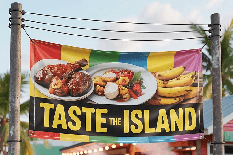 Large custom scrim vinyl banner displayed outdoors with bold high-contrast graphics, showcasing durable weather-resistant signage for business promotion”